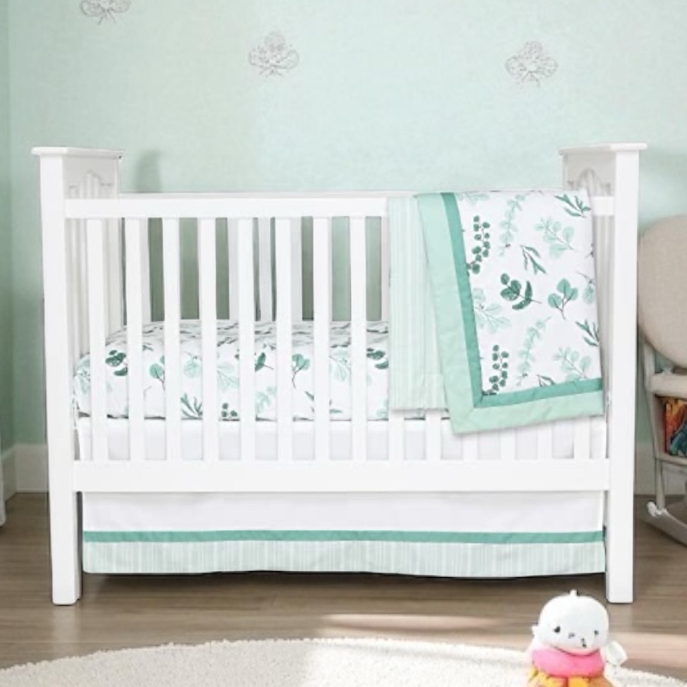 New Arrivals Eucalyptus 3pc Crib Bedding Set Blanket, Sheet, Skirt & Rail Cover